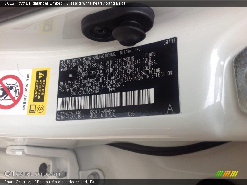 Blizzard White Pearl / Sand Beige 2013 Toyota Highlander Limited