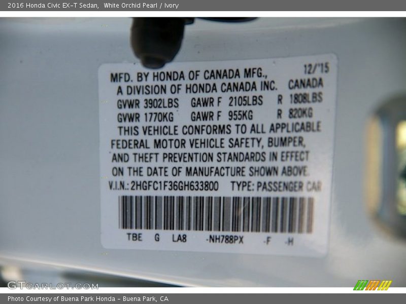 White Orchid Pearl / Ivory 2016 Honda Civic EX-T Sedan