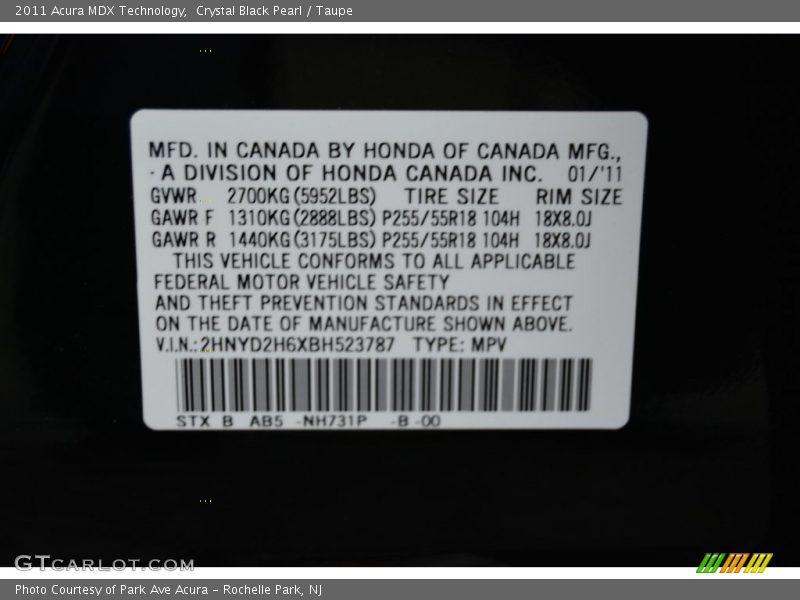 Crystal Black Pearl / Taupe 2011 Acura MDX Technology