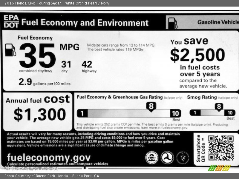 White Orchid Pearl / Ivory 2016 Honda Civic Touring Sedan