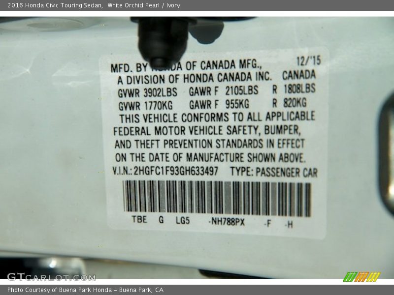 White Orchid Pearl / Ivory 2016 Honda Civic Touring Sedan