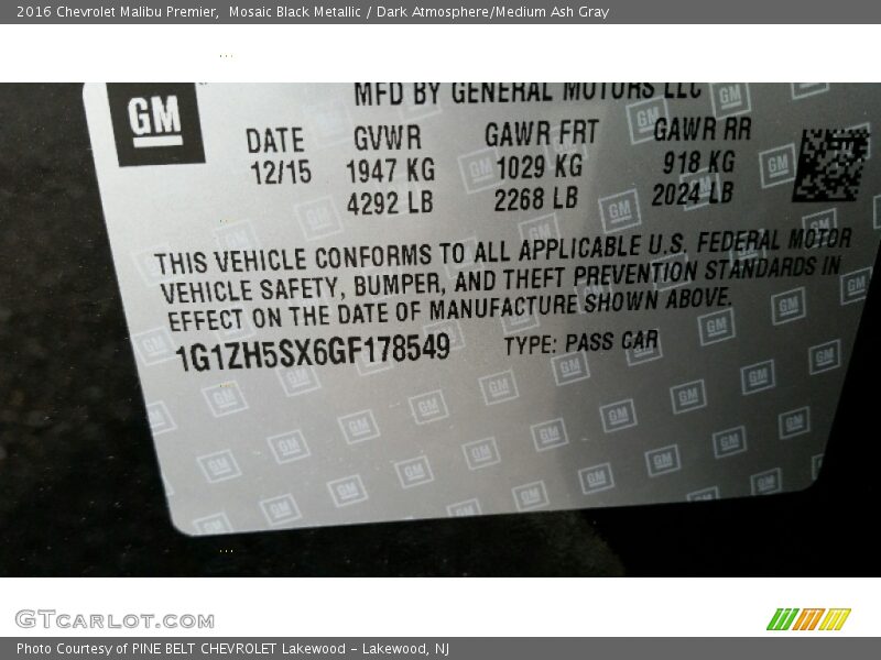 Mosaic Black Metallic / Dark Atmosphere/Medium Ash Gray 2016 Chevrolet Malibu Premier