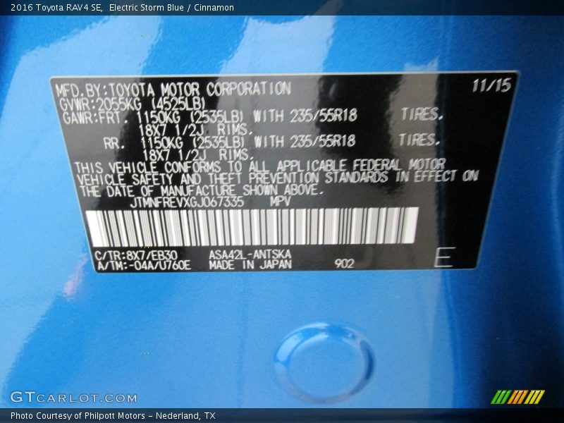 2016 RAV4 SE Electric Storm Blue Color Code 8X7