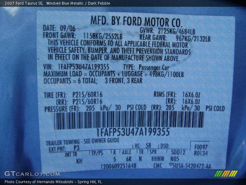 Windveil Blue Metallic / Dark Pebble 2007 Ford Taurus SE