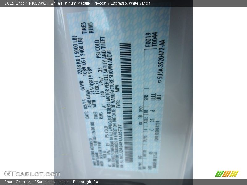White Platinum Metallic Tri-coat / Espresso/White Sands 2015 Lincoln MKC AWD