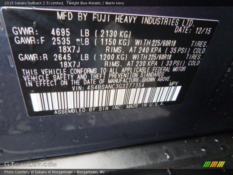 Twilight Blue Metallic / Warm Ivory 2016 Subaru Outback 2.5i Limited