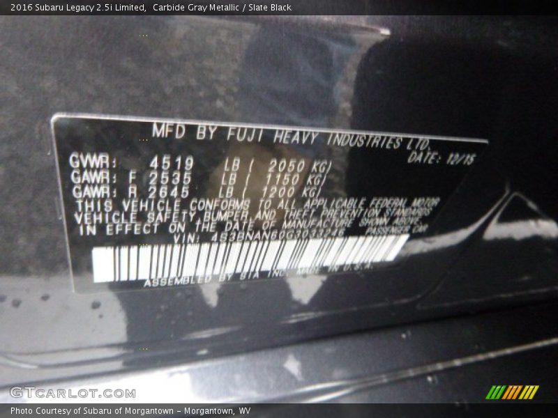 Carbide Gray Metallic / Slate Black 2016 Subaru Legacy 2.5i Limited