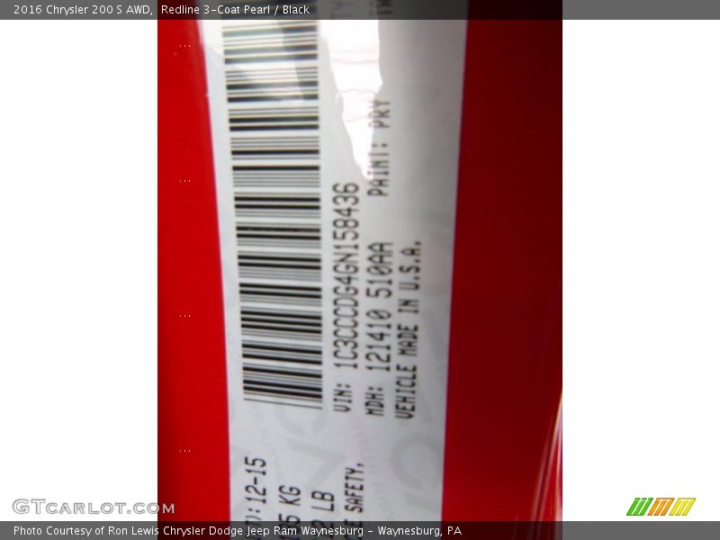 2016 200 S AWD Redline 3-Coat Pearl Color Code PRY