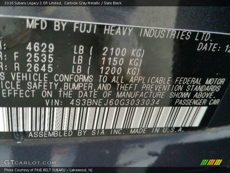 Carbide Gray Metallic / Slate Black 2016 Subaru Legacy 3.6R Limited