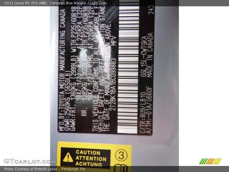 Cerulean Blue Metallic / Light Gray 2011 Lexus RX 350 AWD