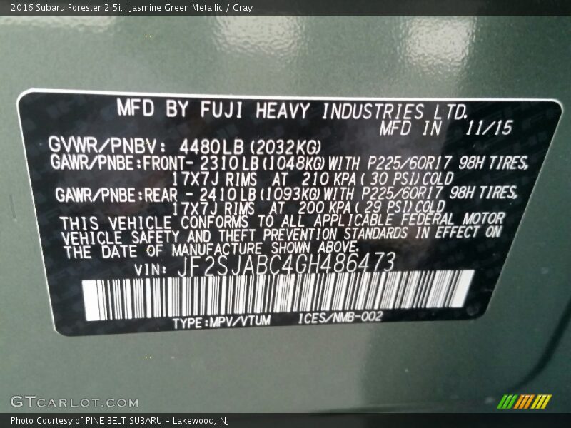 Jasmine Green Metallic / Gray 2016 Subaru Forester 2.5i