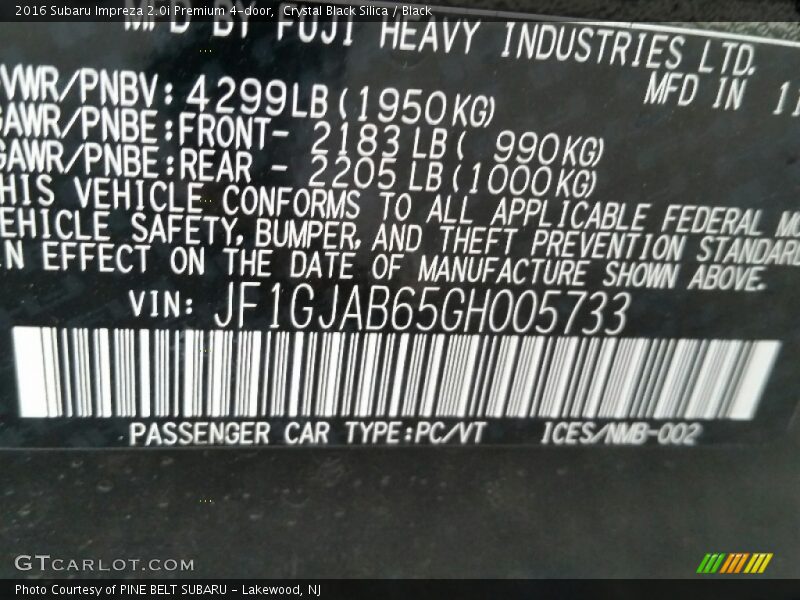 Crystal Black Silica / Black 2016 Subaru Impreza 2.0i Premium 4-door