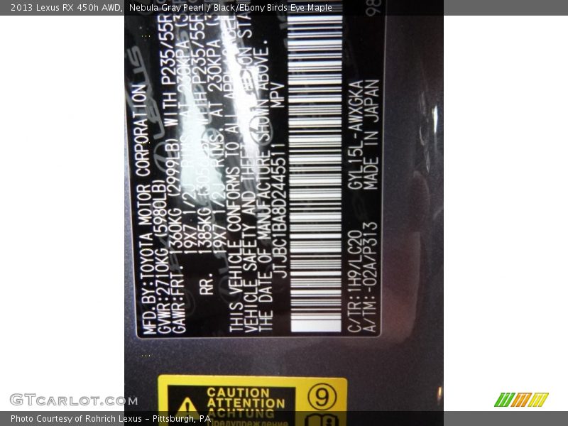 Nebula Gray Pearl / Black/Ebony Birds Eye Maple 2013 Lexus RX 450h AWD