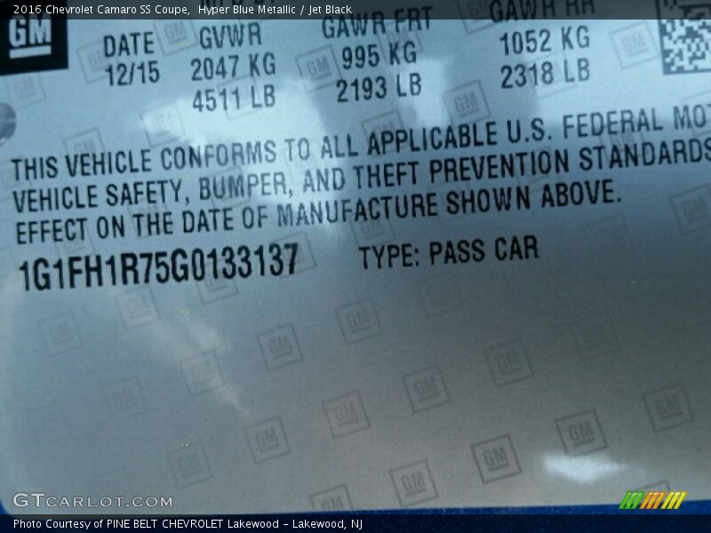 Hyper Blue Metallic / Jet Black 2016 Chevrolet Camaro SS Coupe