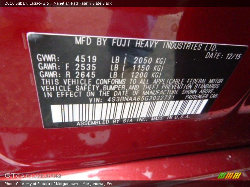 Venetian Red Pearl / Slate Black 2016 Subaru Legacy 2.5i