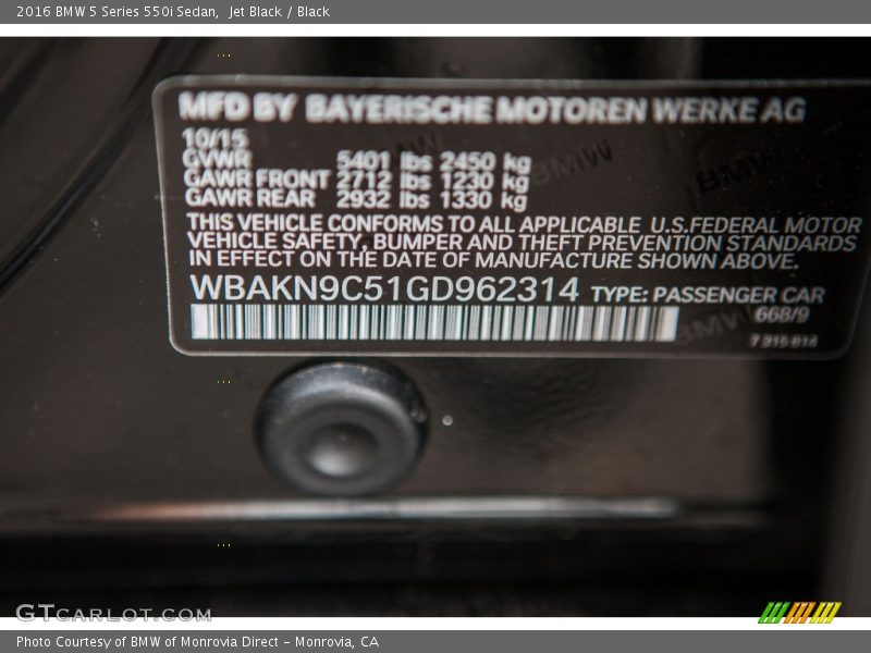 Jet Black / Black 2016 BMW 5 Series 550i Sedan