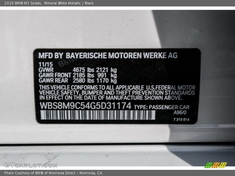 Mineral White Metallic / Black 2016 BMW M3 Sedan