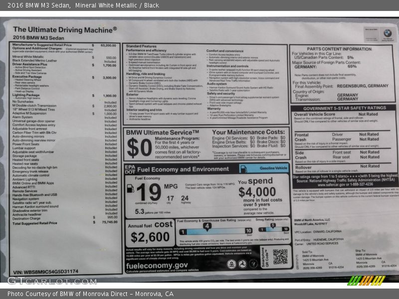  2016 M3 Sedan Window Sticker