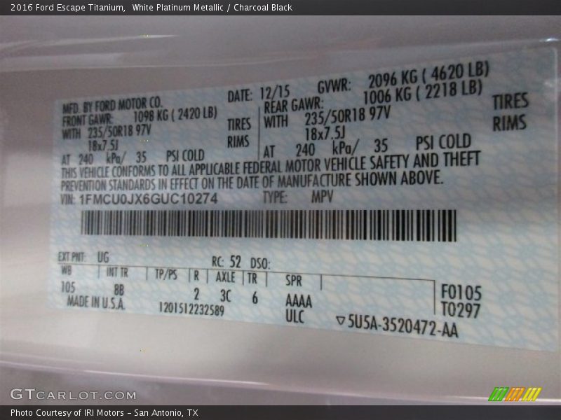 White Platinum Metallic / Charcoal Black 2016 Ford Escape Titanium