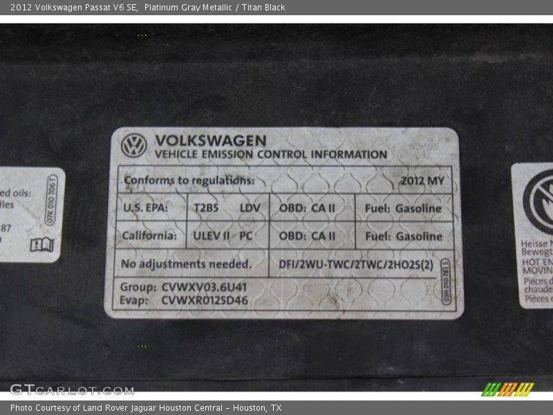 Platinum Gray Metallic / Titan Black 2012 Volkswagen Passat V6 SE