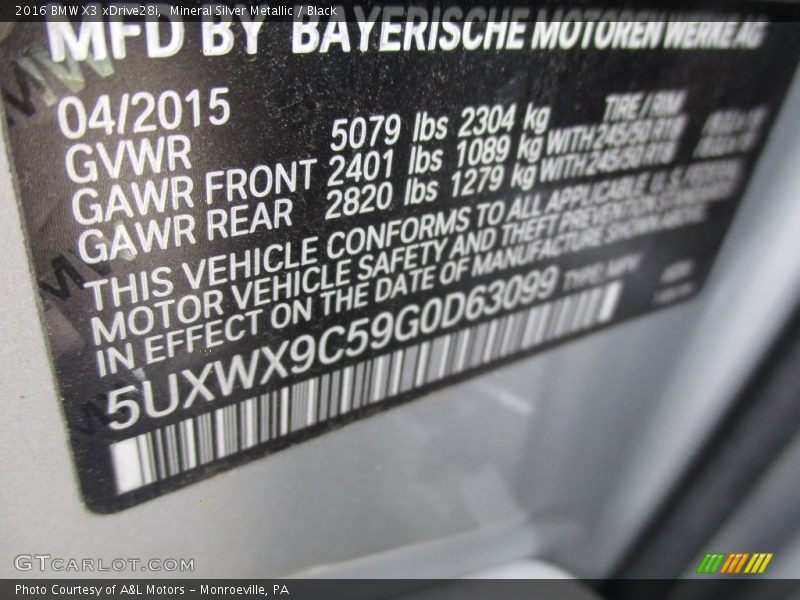 Mineral Silver Metallic / Black 2016 BMW X3 xDrive28i