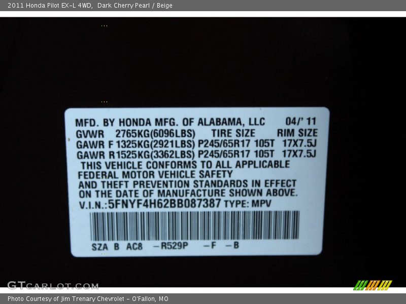 Dark Cherry Pearl / Beige 2011 Honda Pilot EX-L 4WD