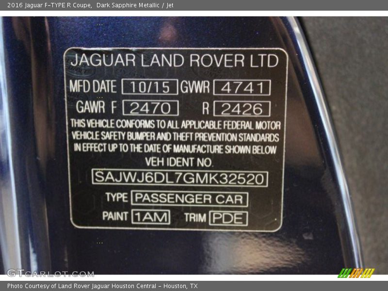 Dark Sapphire Metallic / Jet 2016 Jaguar F-TYPE R Coupe