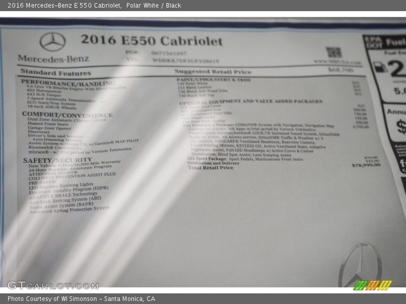  2016 E 550 Cabriolet Window Sticker