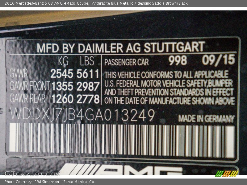 2016 S 63 AMG 4Matic Coupe Anthracite Blue Metallic Color Code 998