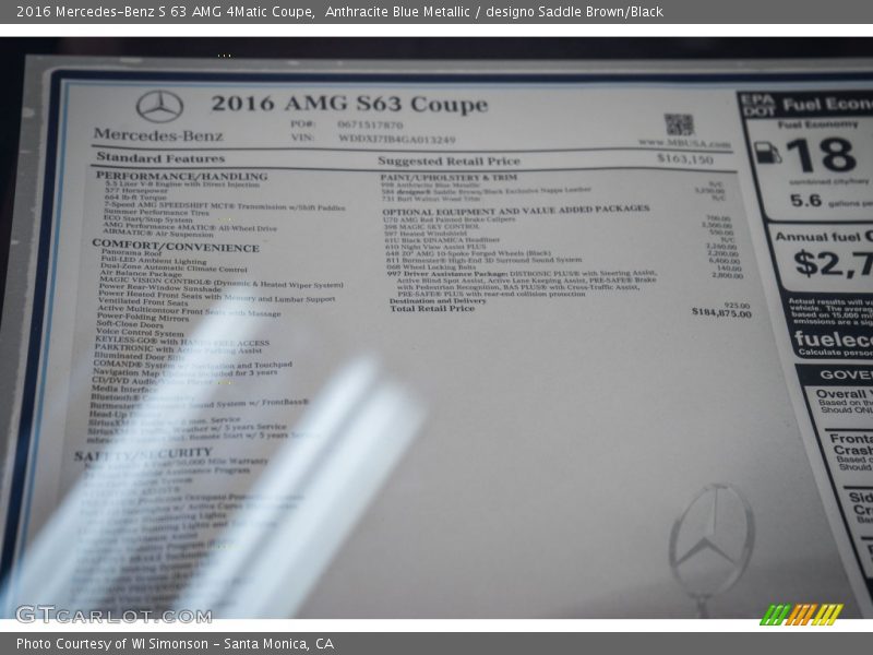  2016 S 63 AMG 4Matic Coupe Window Sticker
