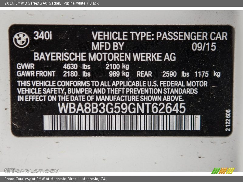 Alpine White / Black 2016 BMW 3 Series 340i Sedan