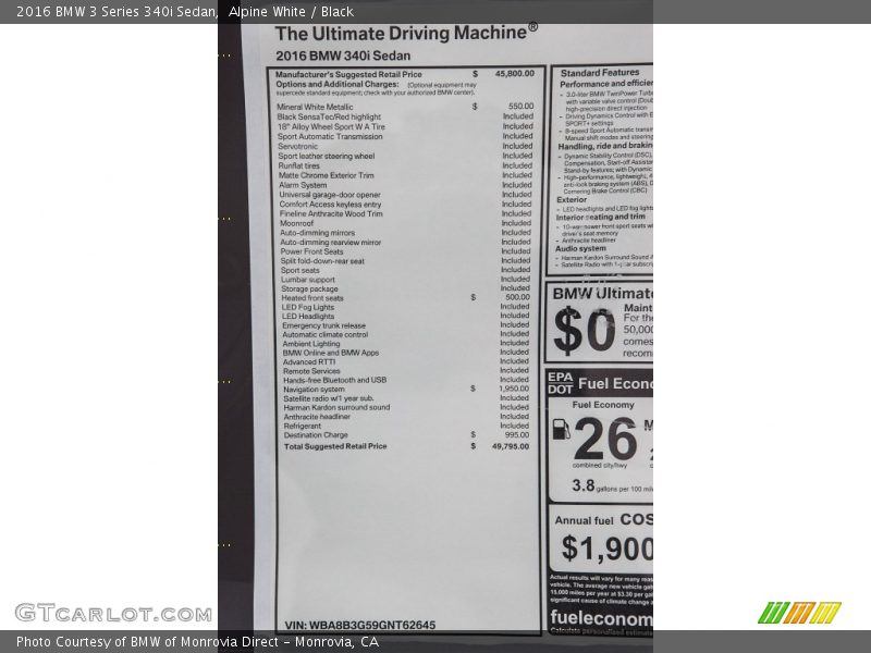 Alpine White / Black 2016 BMW 3 Series 340i Sedan