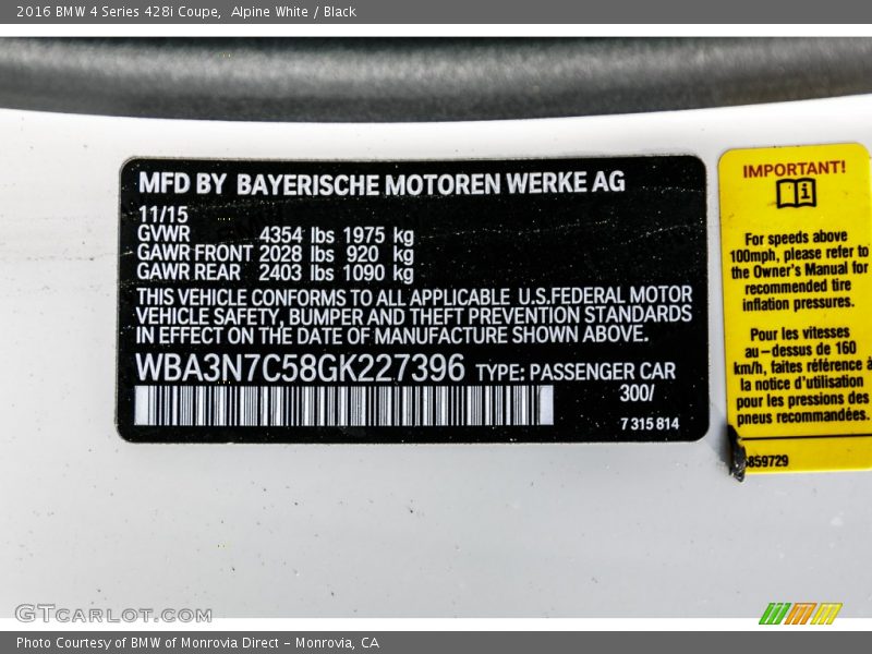 Alpine White / Black 2016 BMW 4 Series 428i Coupe