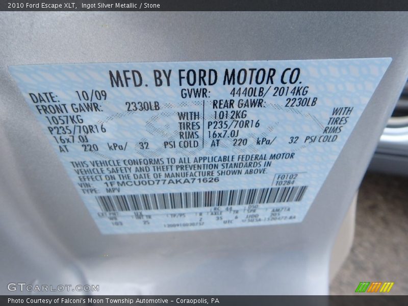 Ingot Silver Metallic / Stone 2010 Ford Escape XLT