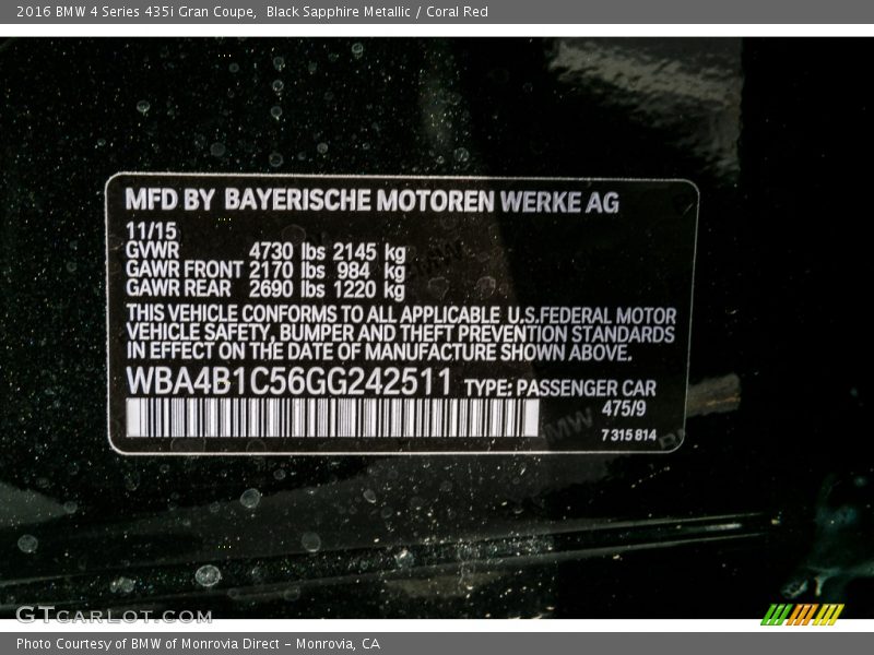 2016 4 Series 435i Gran Coupe Black Sapphire Metallic Color Code 475