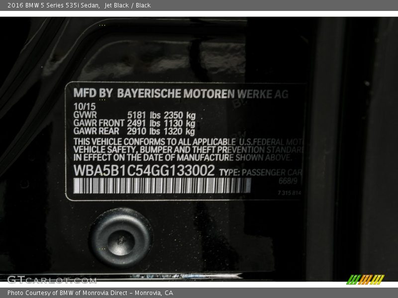 Jet Black / Black 2016 BMW 5 Series 535i Sedan
