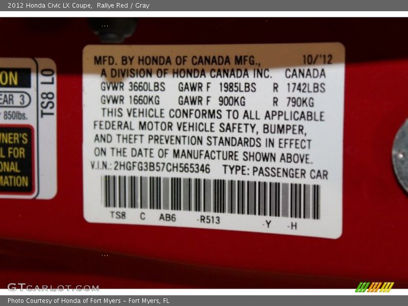 Rallye Red / Gray 2012 Honda Civic LX Coupe