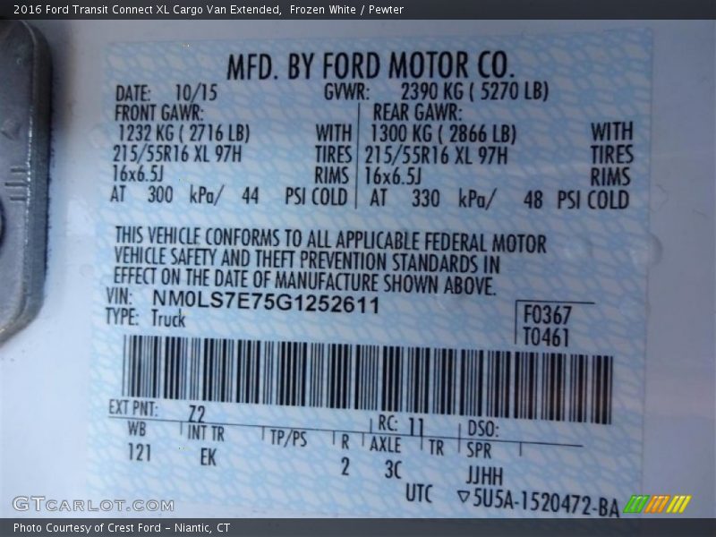 2016 Transit Connect XL Cargo Van Extended Frozen White Color Code Z2