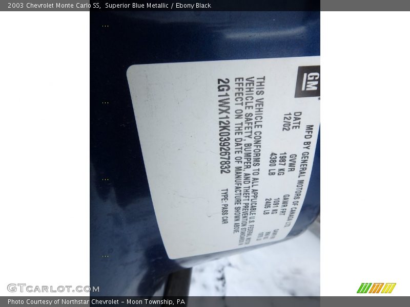 Superior Blue Metallic / Ebony Black 2003 Chevrolet Monte Carlo SS
