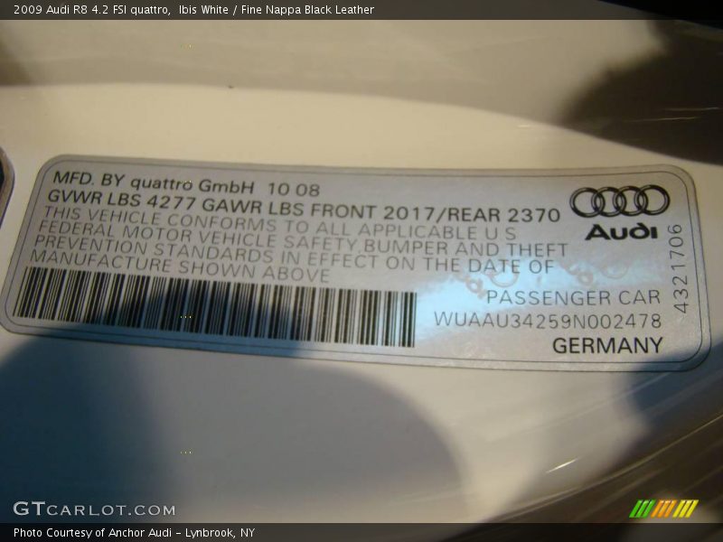 Ibis White / Fine Nappa Black Leather 2009 Audi R8 4.2 FSI quattro
