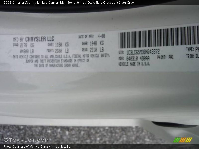 Stone White / Dark Slate Gray/Light Slate Gray 2008 Chrysler Sebring Limited Convertible