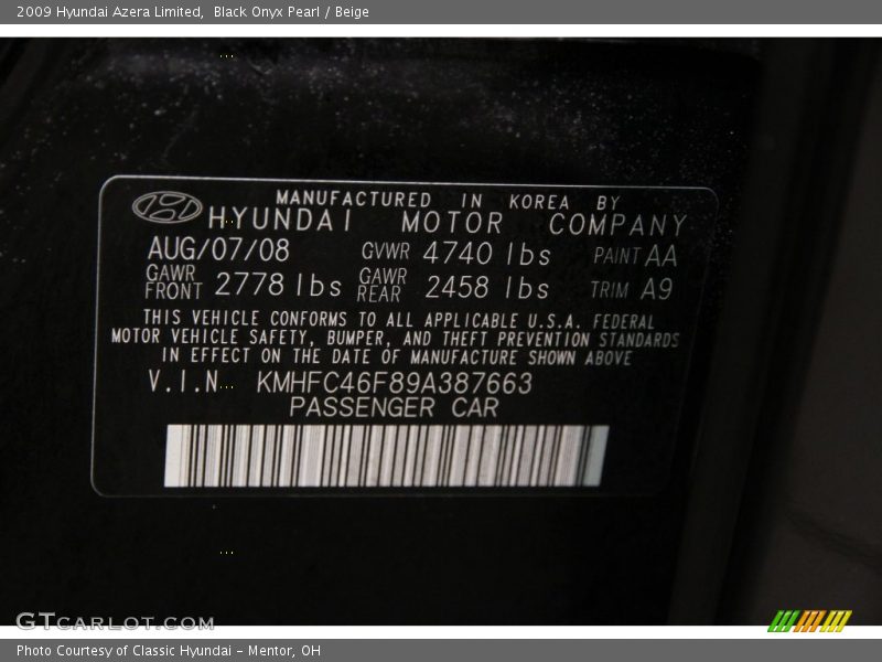 Black Onyx Pearl / Beige 2009 Hyundai Azera Limited