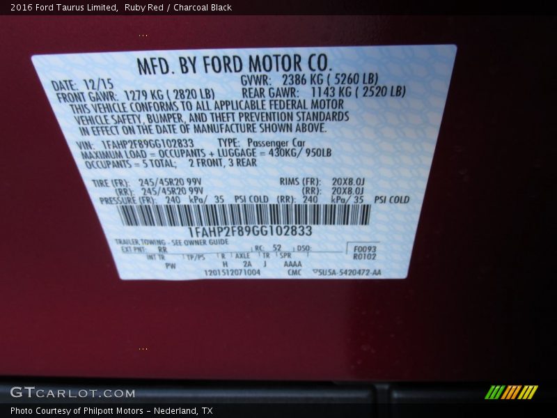 2016 Taurus Limited Ruby Red Color Code RR