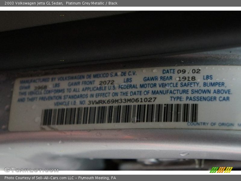 Platinum Grey Metallic / Black 2003 Volkswagen Jetta GL Sedan