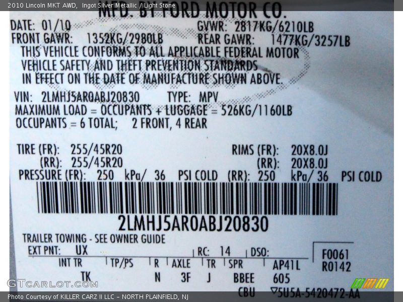 Ingot Silver Metallic / Light Stone 2010 Lincoln MKT AWD