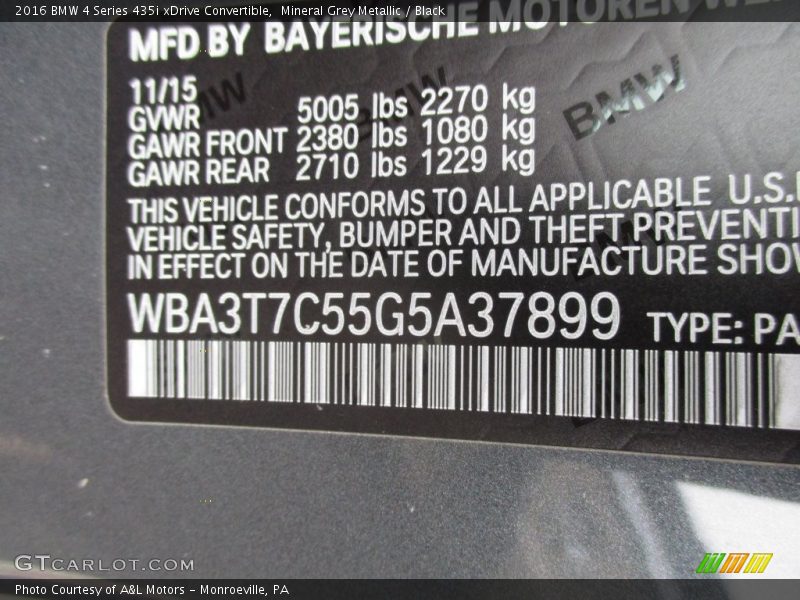 Mineral Grey Metallic / Black 2016 BMW 4 Series 435i xDrive Convertible