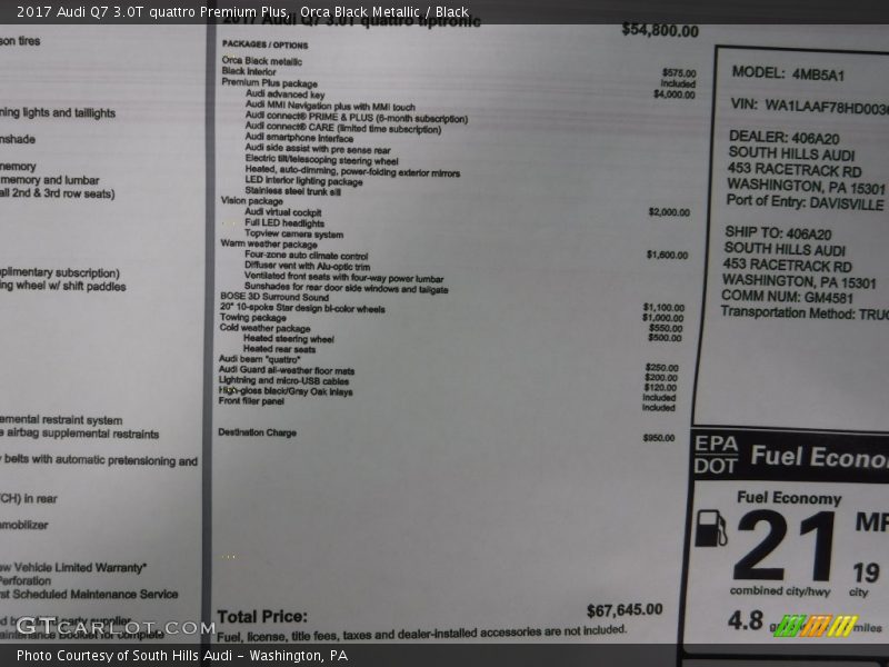  2017 Q7 3.0T quattro Premium Plus Window Sticker