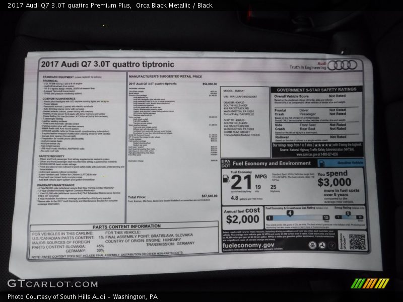  2017 Q7 3.0T quattro Premium Plus Window Sticker