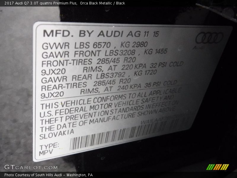 Info Tag of 2017 Q7 3.0T quattro Premium Plus