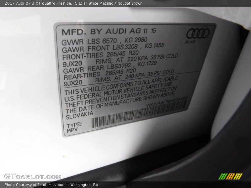 Glacier White Metallic / Nougat Brown 2017 Audi Q7 3.0T quattro Prestige